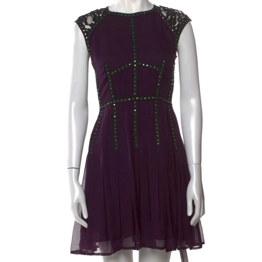 Rebecca Taylor Womens Size 2 Purple Silk Lace Fit Flare Dress Studded Cap Sleeve